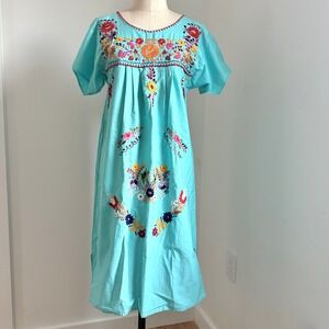 Girls Vintage‎ Mexican Embroidered Dress Floral Cotton Teen 10-14 Women XS